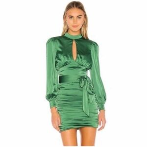 MAJORELLE Bristol Ruched Mini Dress Green Satin Keyhole Long Sleeve Party Size S